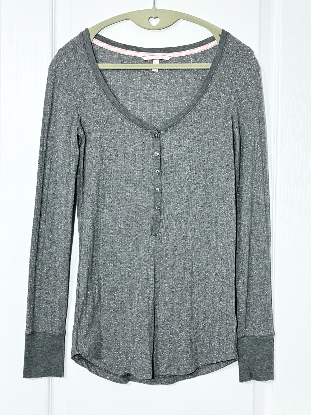 Victoria’s Secret Metallic Pointelle Knit Long Sleeve Henley Top Gray Small